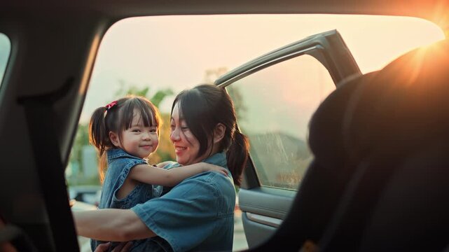 Happy Asian mother holding her young daughter by an open car door during sunset. Concept of family road trip, child safety, and emotional bonding. vacation journey