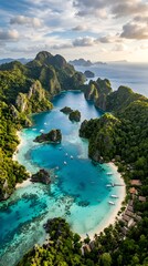 Fototapeta premium Aerial view of a tropical lagoon with crystal-clear turquoise water, lush green islands, and white sand beaches under a dramatic sunset sky. Cinematic composition ideal for travel and nature themes.