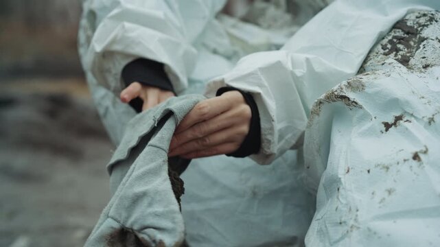 Hands removing dirty glove from suit in abandoned testing field, researcher peels off thick protective glove stained with mud and soil, white coverall torn and frostspeckled, muted winter light, slow