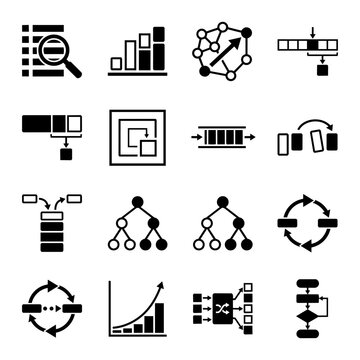 Data Structures and Algorithms Icons Set: Binary Tree, Graph, Queue, Stack, Flowchart