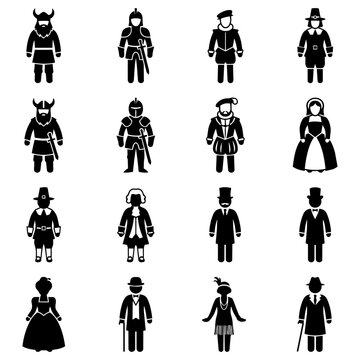 Historical Figures Icons Set: Vikings, Knights, Nobles, Puritans, Victorian