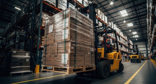 Yellow forklift expertly maneuvering a large pallet stacked with numerous boxes within a busy warehouse aisle.