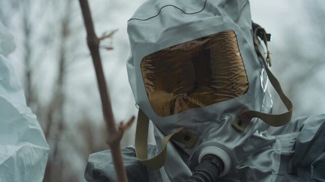 Hazmat operator with reflective visor amid leafless trees, gasmask filter visible, thorny branches in foreground, golden shield reflecting bleak sky, slow deliberate movements, urgent containment