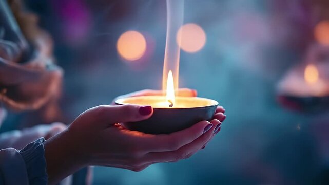 Hands holding a lit candle with smoke rising, in a soft, blurred background.