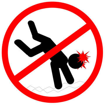 No diving prohibition sign head injury danger symbol red circle diagonal line safety vector icon isolated