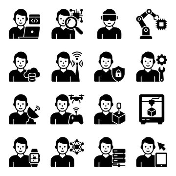 Technology Icons Set: Innovation, AI, Robotics, Coding, Data, VR, Drone & 3D Printing