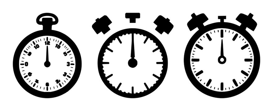 Productivity stopwatch set with solid black icon on white backdrop featuring stopwatch, timer, productivity with minimalist and monocolor