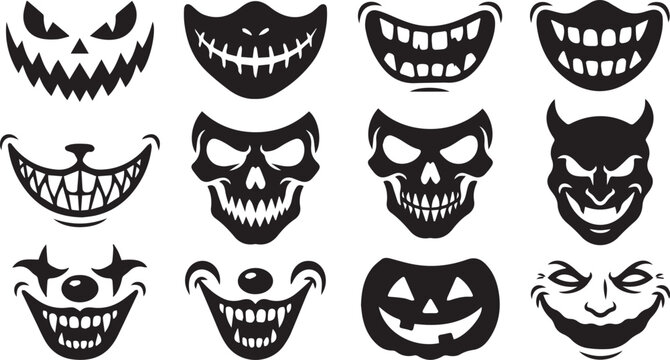 Halloween Scary Face and Mouth Silhouette Vector Set