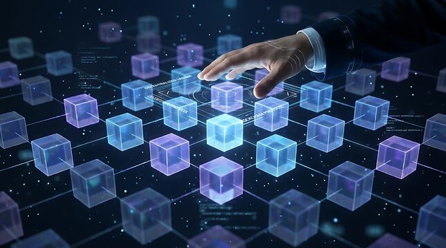 Businessman's hand interacting with a glowing digital blockchain network of cubes, symbolizing cryptocurrency, data security, and decentralized technology.