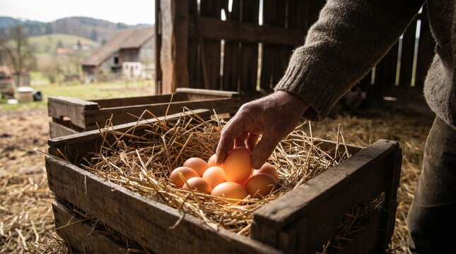 Farmer hand collecting fresh organic chicken eggs (Gallus gallus domesticus) from straw nest in rustic wooden crate inside a barn; sustainable poultry farming and local harvest.