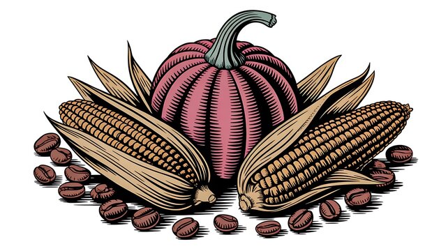 Vintage engraved coffee beans cocoa pod and corn illustration isolated on white background