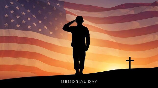 Silhouette of a soldier saluting against a large waving american flag and a distant cross on a hill during a golden sunset sky for memorial day commemoration