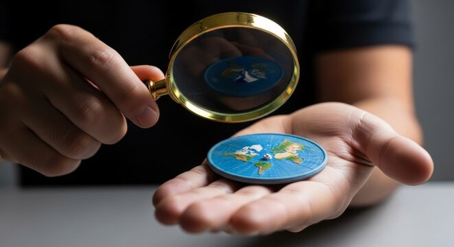 Person examines flat earth model with magnifying glass