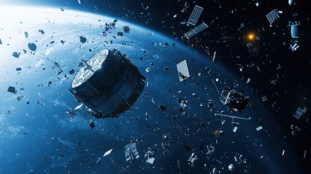 Space debris and satellites in crowded Earth orbit scene