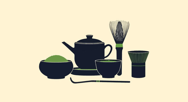 Flat vector illustration of traditional Japanese matcha tea ceremony tools featuring a chasen bamboo whisk, teapot, chawan bowl with powder, chashaku scoop, and whisk holder stand.