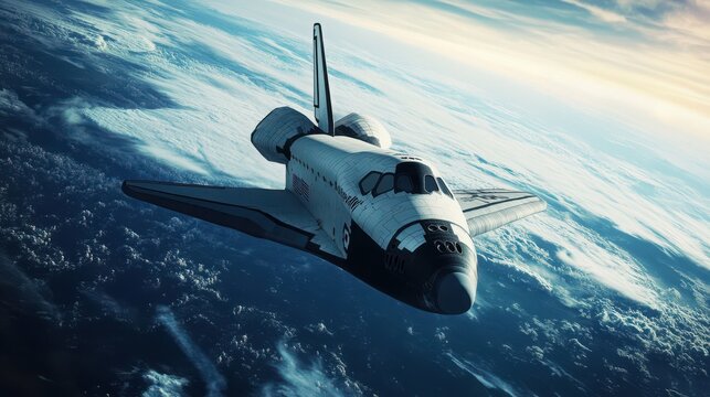 Space shuttle re-entering Earth's atmosphere with stunning view of clouds and ocean