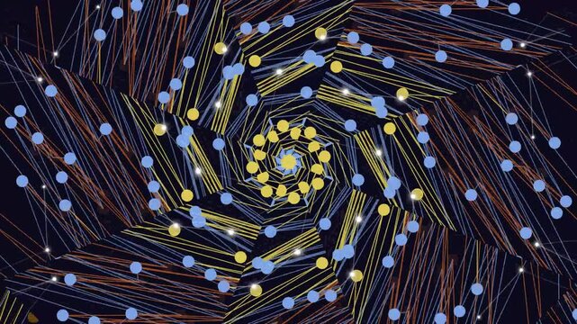 Vibrant abstract spiral artwork with yellow, blue, and brown lines