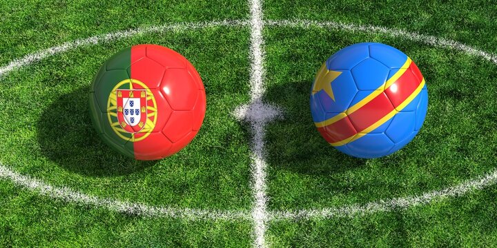 Soccer balls with portugal and congo flags on a green football pitch background 3d