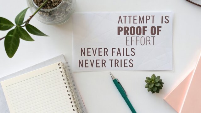 Inspirational Quote "Attempt Proof Of Effort Never Fails Never Tries" On Paper With Notebook and Pen