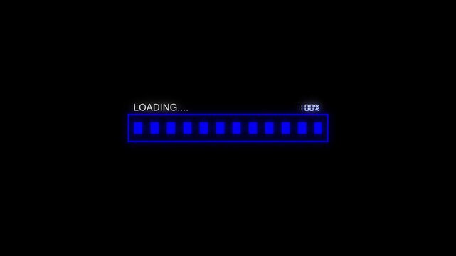 Loading bar animation with blue segments. Loading bar ninety six percent. Loading bar digital interface graphic on black.