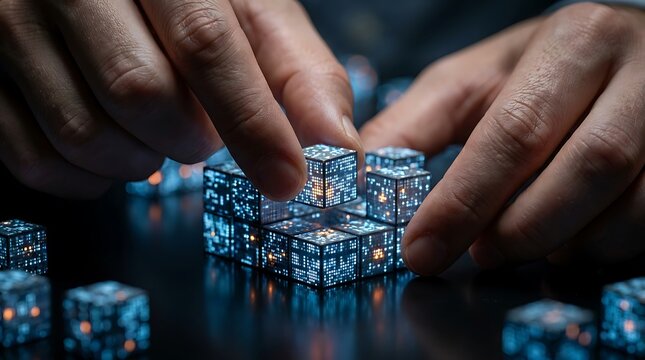 Hands assembling glowing digital cubes with binary code patterns, representing data, technology, and complex problem-solving in a futuristic concept.