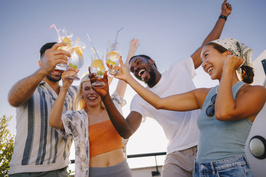 Diverse friends cheering drinks celebrating happiness on rooftop party