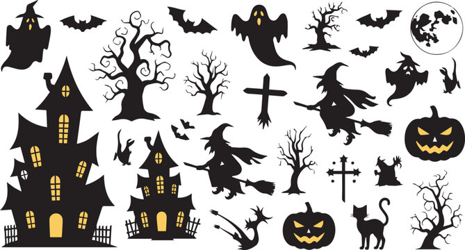 Halloween Silhouette Elements Set with Ghosts Bats and Witches