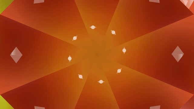 Vibrant orange background with white diamonds and green corner