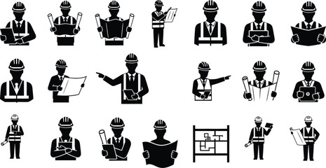 Obraz premium Construction worker icons set featuring engineers and architects in minimalist black silhouette with hard hats safety vests blueprints and clipboards vector illustration