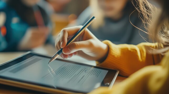 Teacher annotating PDF on tablet during online lesson