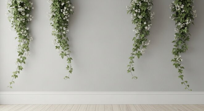 Elegant trailing ivy with delicate white blossoms cascading against a neutral wall and light wood floor