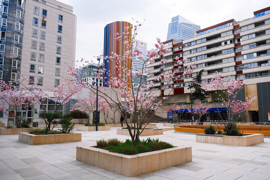 Paris, France - March 9, 2026. A beautiful spring day in the La D&eacute;fense business district, Paris, featuring the Oxygen architectural complex.