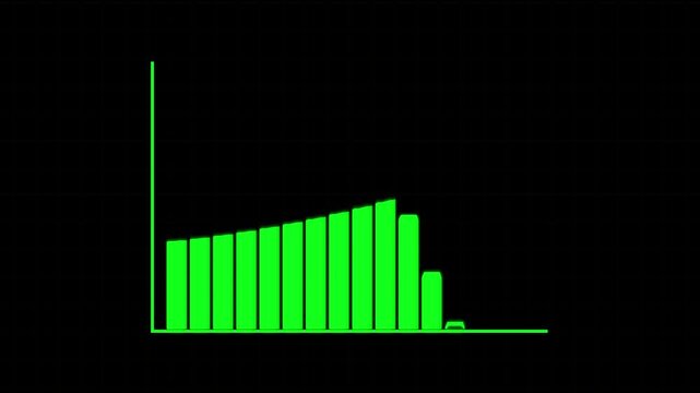 Bar chart animation on green neon grid. Bar chart financial data visualization. Bar chart business growth graphic on black.