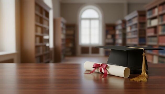 Horizontal photography of university event featuring a graduation cap and diploma on a wooden table in a library for an academic achievement and graduation ceremony concept