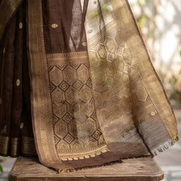 Dhakai Jamdani Saree Gold Zari Border Handwoven Silk Bridal Bengali Traditional Textile