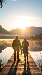 Fototapeta premium Couple walking on wooden dock lake.