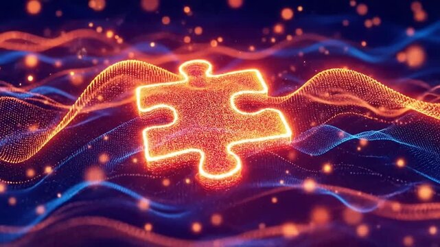 A glowing puzzle piece connects abstract digital waves in a futuristic, energetic display.
