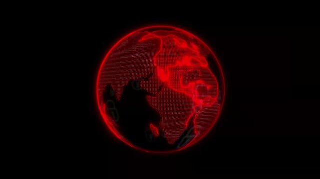 Digital globe animation with red neon. Digital globe world map connection. Digital globe global communication graphic on black.