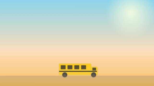 Yellow School Bus Driving Through a Minimalist Sunny Landscape