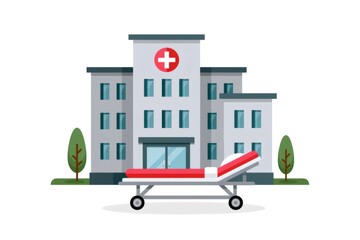 Obraz premium Hospital building with red cross and medical stretcher