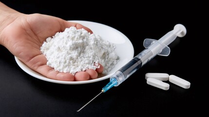 Fototapeta premium Hand holding drug powder with syringe and pills