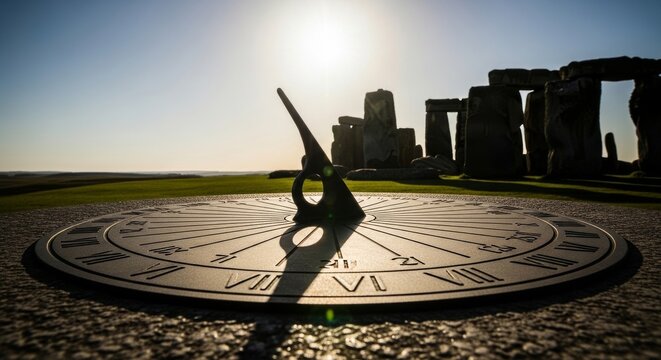 Sundial at Stonehenge casting a shadow under bright sun