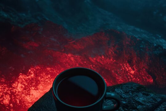 輝く溶岩流の前にお茶が置いてある