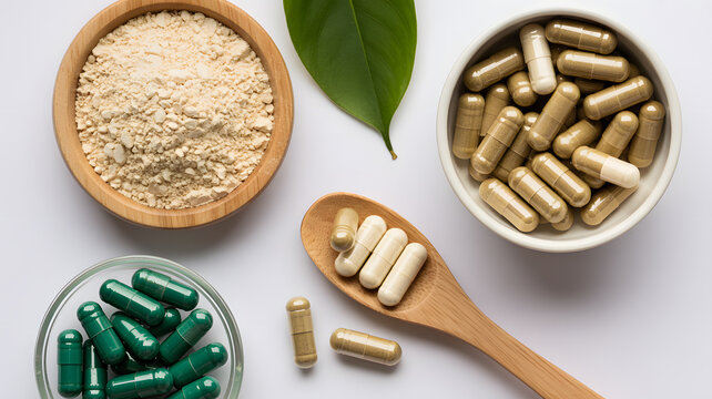 A selection of dietary supplements in various forms and colors on a white surface