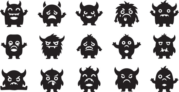 Cute Monster Silhouette Icon Set: Fun Cartoon Creature Vectors