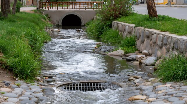 Urban storm drain flowing into culvert under street bridge