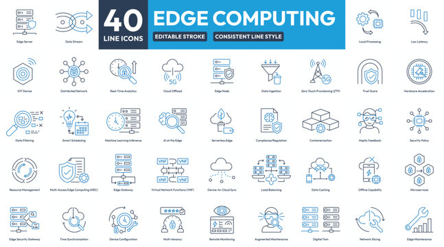 Edge computing icon set for cloud and network technology interface, line icon collection for web and mobile app design