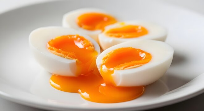 Halved soft boiled eggs featuring runny golden yolks on a white plate