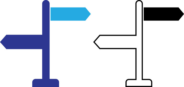 Directional signpost icons one colored and one outline representing choice and navigation for web design and infographics