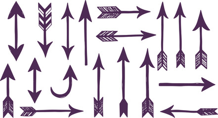 Hand drawn purple arrow icons with decorative feather fletching for vintage design. © chaity